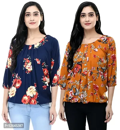 Shiva Trends Women's Printed 3/4 Sleeve Round Neck Blue and Orange Medium Size Pack of 2 Top