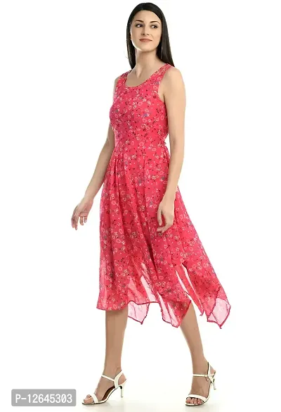 Shiva Trends Pink Flower Print Style High Low Dresses for Women Cacual Wear(Deny_101_L)-thumb3