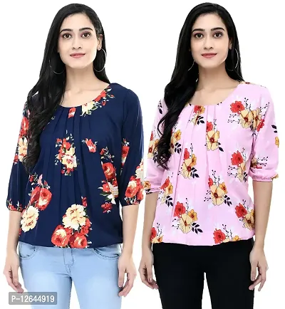 Shiva Trends Women's Printed 3/4 Sleeve Round Neck Blue and Pink Small Size Pack of 2 Top