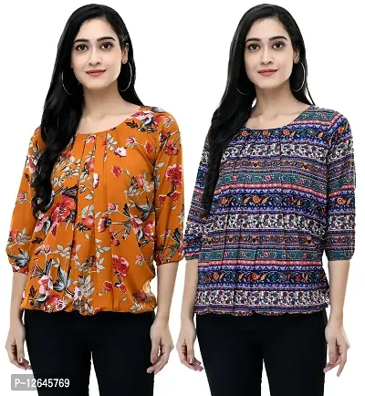 Shiva Trends Women's Floral Print 3/4 Sleeve Round Neck Multicolor Small Size Pack of 2 Top