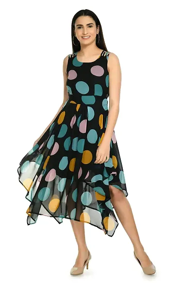 Shiva Trends Womens Georgette Printed Round Neck High Low Sleeveless Dress