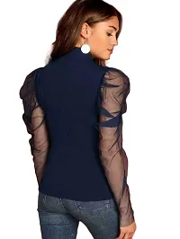 Shiva Trends Solid Casual High Neck Cotton Net Top for Women Dark Blue-thumb1