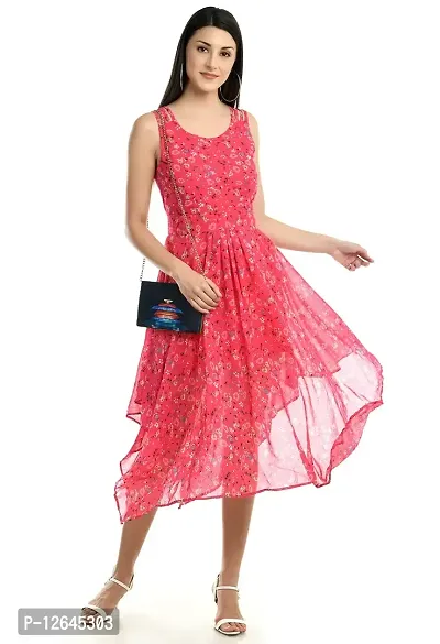 Shiva Trends Pink Flower Print Style High Low Dresses for Women Cacual Wear(Deny_101_L)-thumb5