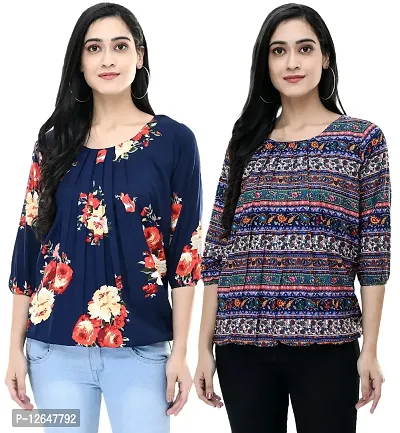 Shiva Trends Women's Printed 3/4 Sleeve Round Neck Blue and Multicolor Extra Large Size Pack of 2 Top