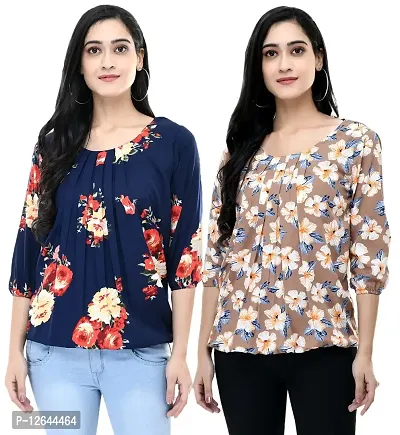 Shiva Trends Women's Printed 3/4 Sleeve Round Neck Blue and Beige Small Size Pack of 2 Top