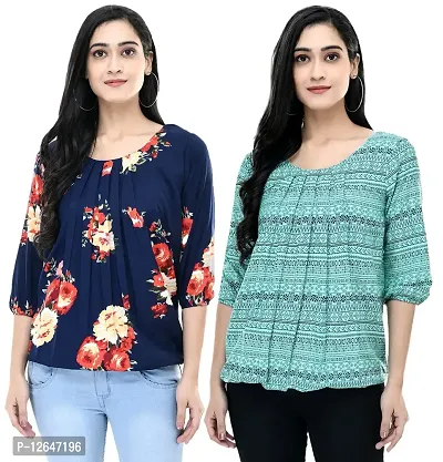 Shiva Trends Women's Printed 3/4 Sleeve Round Neck Multicolor Medium Size Pack of 2 Top