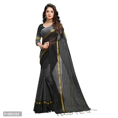 Elegant Black Georgette Striped Saree With Blouse Piece For Women-thumb0