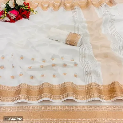 Stylish White Cotton Blend Saree with Blouse piece For Women-thumb0