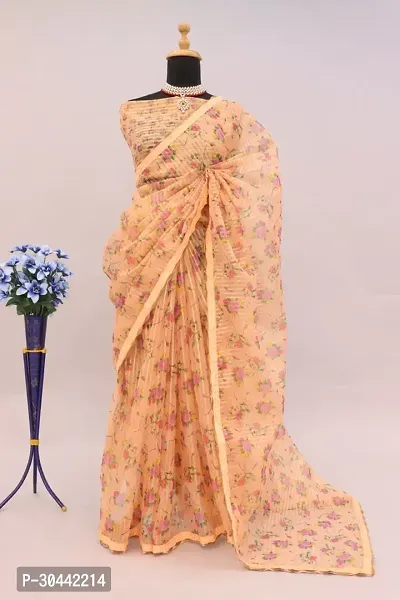 Stylish Peach Organza Saree with Blouse piece For Women-thumb0