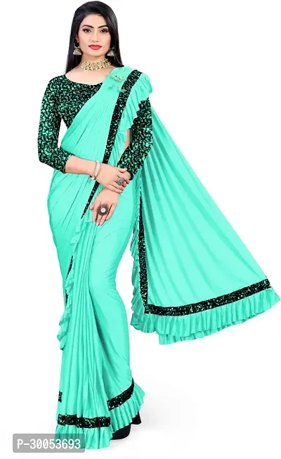 Stylish Turquoise Lycra Saree with Blouse piece For Women-thumb0