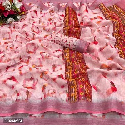 Stylish Pink Linen Saree with Blouse piece For Women-thumb0