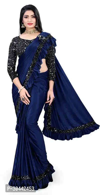 Stylish Blue Lycra Saree with Blouse piece For Women-thumb0