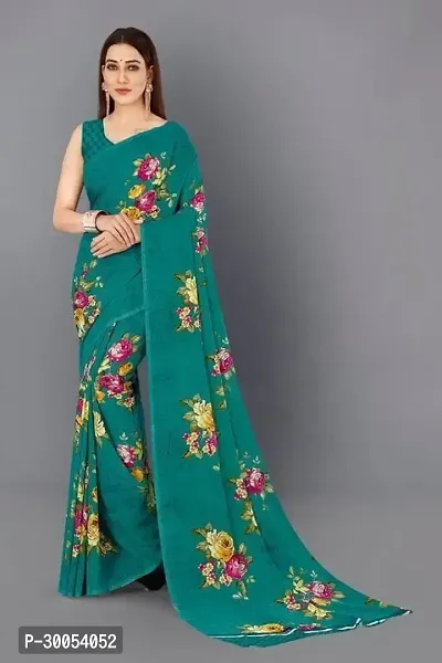 Stylish Sea Green Georgette Saree with Blouse piece For Women-thumb0