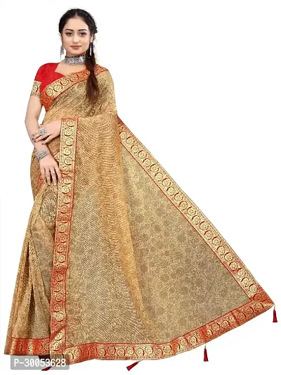 Stylish Golden Lycra Saree with Blouse piece For Women-thumb0