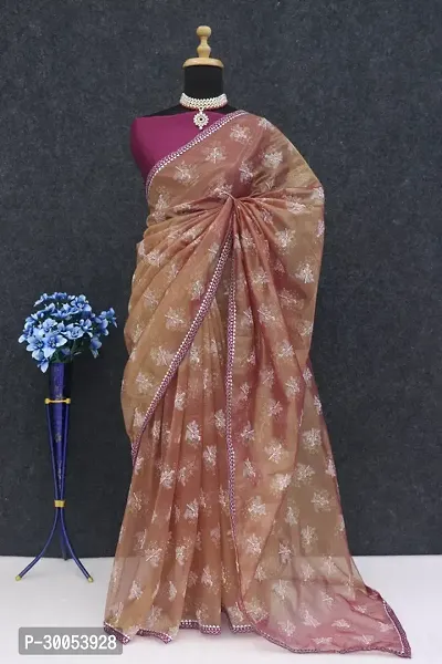 Stylish Brown Net Saree with Blouse piece For Women