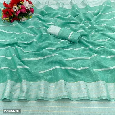 Stylish Sea Green Cotton Blend Saree with Blouse piece For Women-thumb0