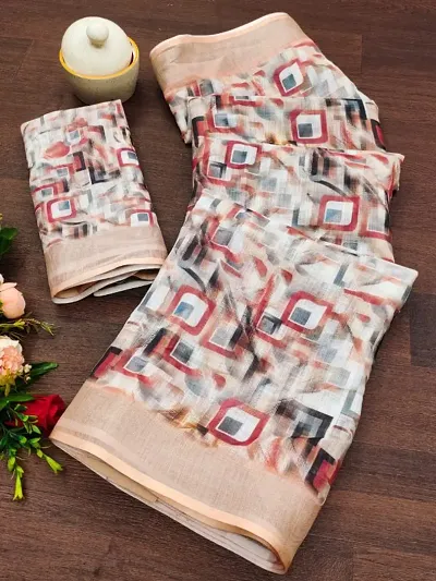 Linen Digital Printed Sarees with Blouse Piece