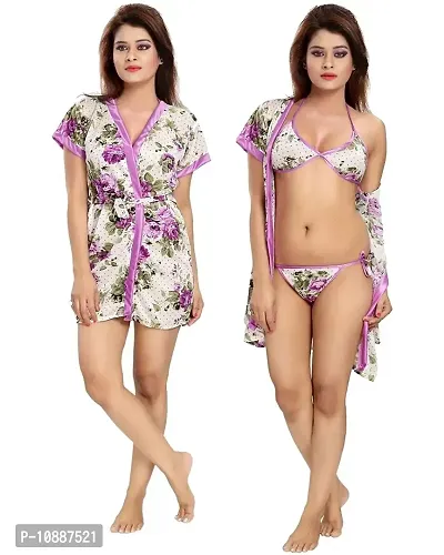 GuSo Women Babydoll Nightwear Lingerie Robe Sexy Intimates Sheer Honeymoon Lingerie Cover Thong Bra Robe Set (Purple)-thumb0