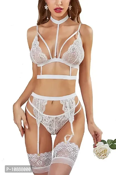 GuSo Shopee Women Bra Panty Linegrie Set with Garter Belt and Leg Strip for Women Honeymoon Special Night Occasion Valentines White
