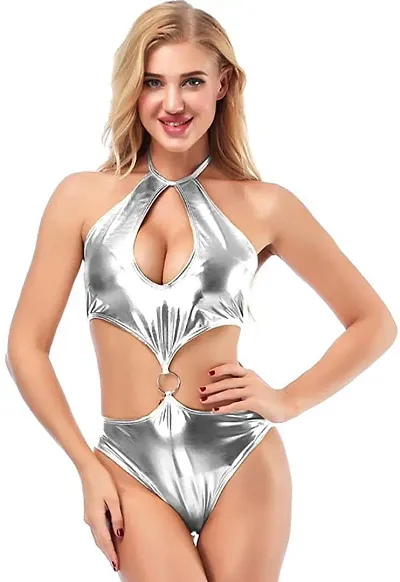 Women's Shiny Metallic Faux Leather Bodysuit Swimsuit
