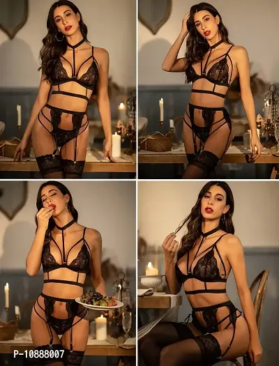 GuSo Shopee Women Bra Panty Linegrie Set with Garter Belt and Leg Strip for Women Honeymoon Special Night Occasion Valentines Black-thumb2