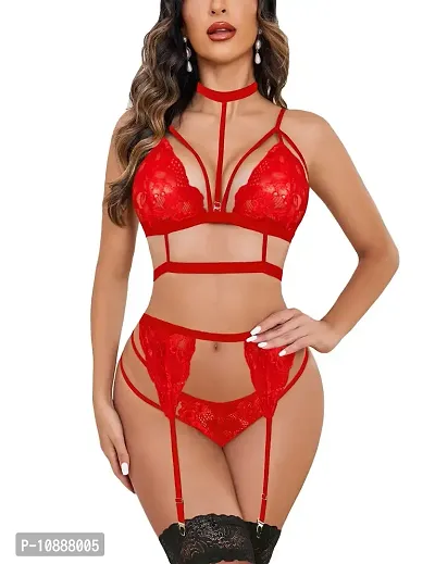 GuSo Shopee Women Bra Panty Linegrie Set with Garter Belt and Leg Strip for Women Honeymoon Special Night Occasion Valentines Red-thumb0