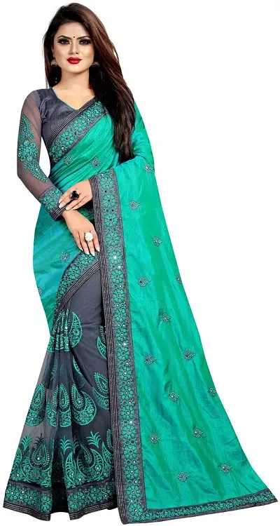 Partywear Net Half and Half Embroidered Sarees with Blouse piece
