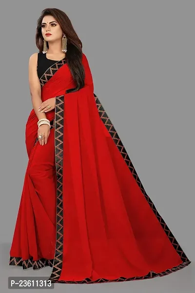 Razzle Women's Solid Siffon LightWeight Casual Wear Lace Border saree with Unstitched Blouse Piece (K-F-1036_Red)-thumb4