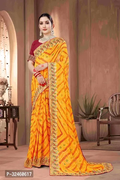 Stylish Yellow Georgette Saree With Blouse Piece For Women