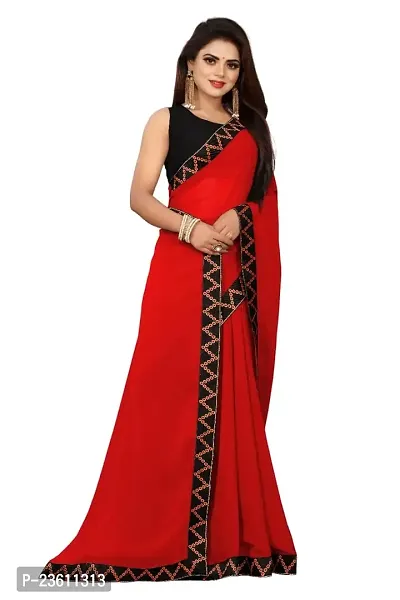 Razzle Women's Solid Siffon LightWeight Casual Wear Lace Border saree with Unstitched Blouse Piece (K-F-1036_Red)-thumb0