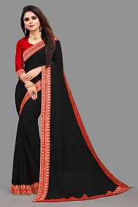 Razzle Women's Solid Georgette LightWeight Casual Wear Lace Border saree with Unstitched Blouse Piece (K-F-1018_Black)-thumb1