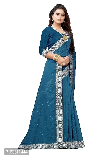 Razzle Women's Diamond Work Vichitra Silk LightWeight Casual Wear Lace Border saree with Unstitched Blouse Piece (K-F-1042_Teal)-thumb2