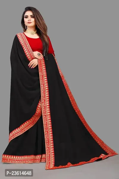 Razzle Women's Solid Georgette LightWeight Casual Wear Lace Border saree with Unstitched Blouse Piece (K-F-1018_Black)-thumb3