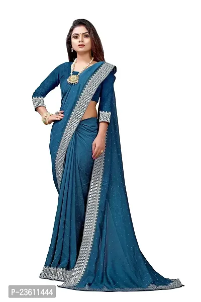 Razzle Women's Diamond Work Vichitra Silk LightWeight Casual Wear Lace Border saree with Unstitched Blouse Piece (K-F-1042_Teal)-thumb0