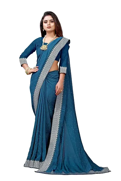 Razzle Women's Diamond Work Vichitra Silk LightWeight Casual Wear Lace Border saree with Unstitched Blouse Piece (K-F-1042_Teal)