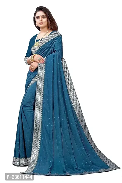 Razzle Women's Diamond Work Vichitra Silk LightWeight Casual Wear Lace Border saree with Unstitched Blouse Piece (K-F-1042_Teal)-thumb4