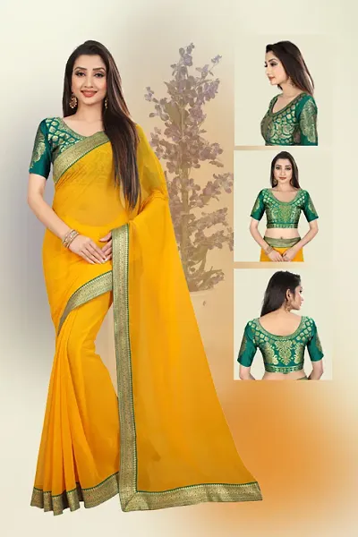 Golden Lace Border Solid Chiffon Sarees