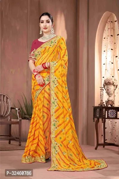 Stylish Yellow Georgette Saree With Blouse Piece For Women-thumb0