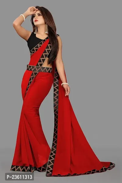 Razzle Women's Solid Siffon LightWeight Casual Wear Lace Border saree with Unstitched Blouse Piece (K-F-1036_Red)-thumb2