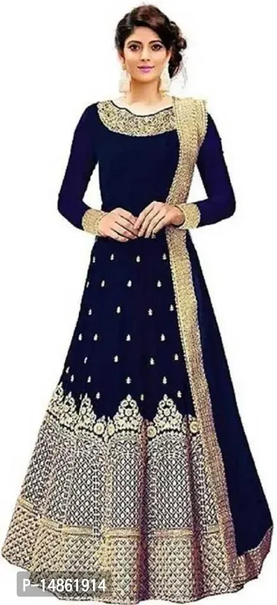 Trendy Silk Blend Navy Blue Round Neck Full Sleeve Embroidered Gown With Dupatta Set For Women-thumb0