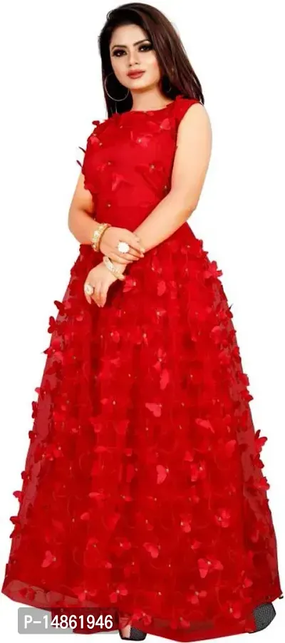 Trendy Net Red Round Neck Sleeveless Self Pattern Gown For Women-thumb3
