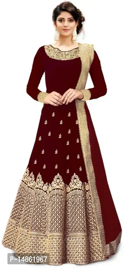 Trendy Silk Blend Maroon Round Neck Full Sleeve Embroidered Gown With Dupatta Set For Women-thumb0