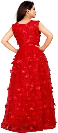 Trendy Net Red Round Neck Sleeveless Self Pattern Gown For Women-thumb1