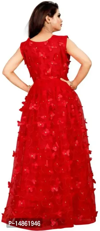 Trendy Net Red Round Neck Sleeveless Self Pattern Gown For Women-thumb2