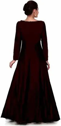 Trendy Silk Blend Maroon Round Neck Full Sleeve Embroidered Gown With Dupatta Set For Women-thumb1