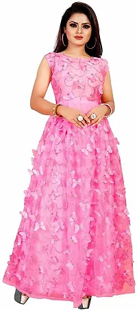 NILKANTH ENTERPRISE Butter Pink Gown Striped Anarkali Net Pink Sleeveless Round Neck Semi Stitched Women Party & Festive Gown