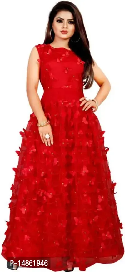 Trendy Net Red Round Neck Sleeveless Self Pattern Gown For Women-thumb0