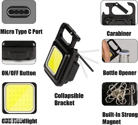 Meera's Era Multifunction Keychain Led Light, Magnetic Base and Folding Bracket Mini Cob 500 lumens Rechargeable Multifunctional Keychain Emergency Light Keychain, Metal (Square with 3 Modes)-thumb2