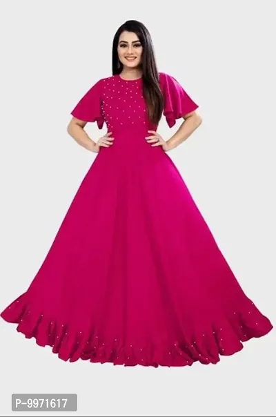 Stunning Pink Rayon Self Design Stitched Gown For Women-thumb0