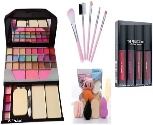 makeup kit combo of 1 eyeshadow platte , 5 makeup brush, 4 in 1 liquid lipstick  combo and1  makeup blender pouch